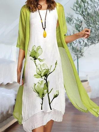Charming Two Pieces Crew Neck Floral Half Sleeve Mother of the Bride Groom Wedding Guest Formal Dress With Linen Cardigan