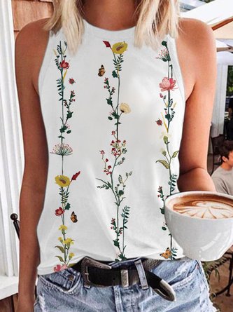 Floral Print Summer New Hot Style Ladies Casual Sleeveless Knit Top