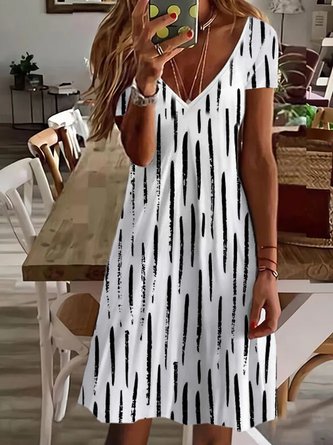 Striped Loose V Neck Short Sleeve Women Dress