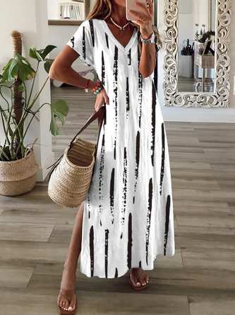 Women Split Hem Striped Short Sleeve V Neck Casual Maxi Dress