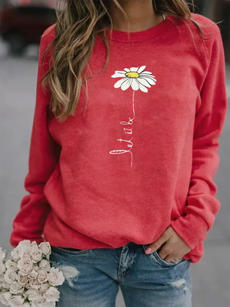 Women Solid Basic Daisy Floral Printed Casual Hoodie