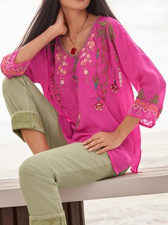 Women Summer Boho Floral Short Sleeve Casual Tribal Casual Mexican Blouse
