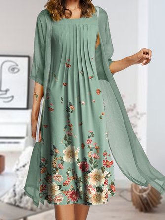Half Sleeve Loose Floral Round Neck Two Piece Dress