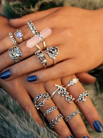 15Pcs Pink Gemstone Flower Shape Diamond Ring Set