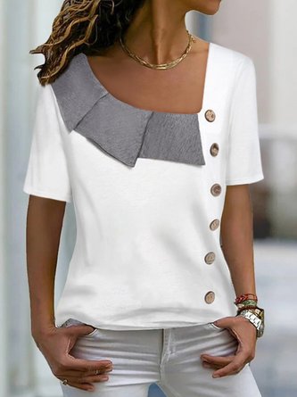 Women Casual Asymmetrical Neck Button Plain Loose Short Sleeve Summer T-Shirt