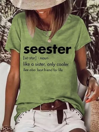 Women Seester Letter Printed Loose Crew Neck Slogan Green Summer T-Shirt