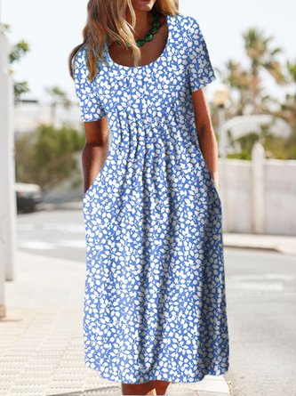 Summer Crew Neck Floral Pockets Short Sleeve Midi Dress