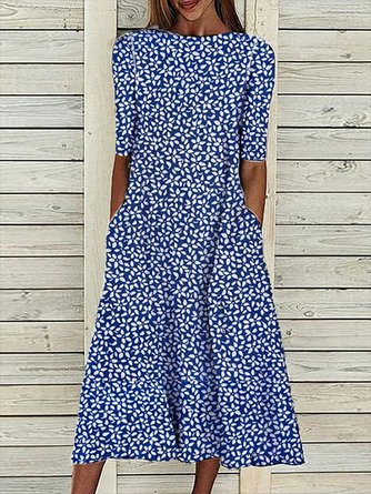 Women Crew Neck Floral Pockets Short Sleeve Vacation Dress
