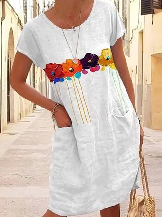 Women Casual Floral Pockets Crew Neck Short Sleeve Cotton Linen Dress