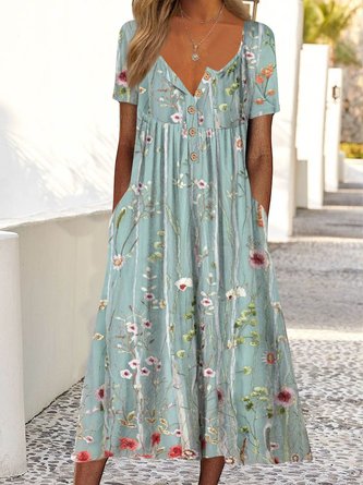 Gradient flower loose holiday half open buttoned Dress with Pockets