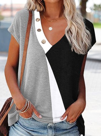 V neck Casual Loose Colorblock T-Shirt
