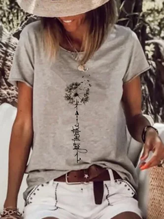 Women Casual Dandelion Floral Crew Neck Short Sleeve Summer T-Shirt