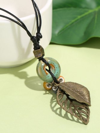 Women Geometric Vintage Leaf Crysta Pendant Necklace