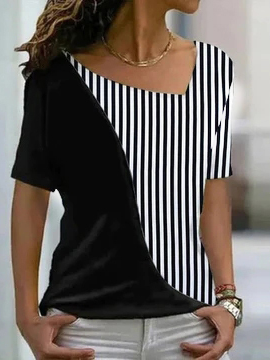 Cotton-Blend V Neck Striped T-Shirt