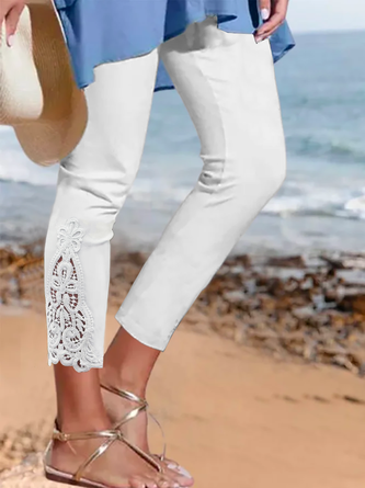 Women Casual Plain Hollow Out Lace Leggings Ankle Pants