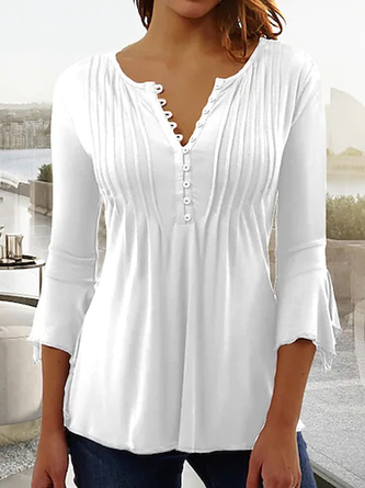Women Basic V Neck Buttoned Casual Plain Flowy Three Quarter Sleeve Ruched Tunic Top