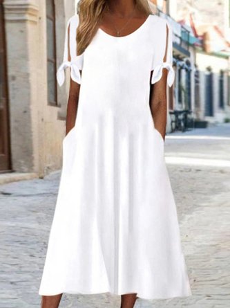 Summer Elegant Plain Crew Neck Pockets Simple Tie Knot Short Sleeve Dress