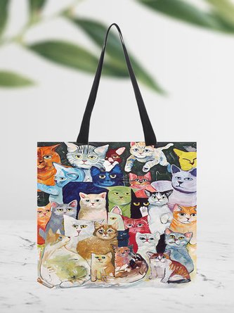Casual All Season Cat Printing Canvas Daily Tote Canvas Regular Shoulder Bag for Women