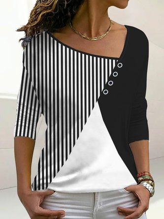 Women Asymmetrical Neck Plain color block stripe loose button Long Sleeve Top