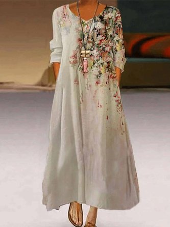 Casual Floral Autumn Natural Three Quarter Sleeve Dress