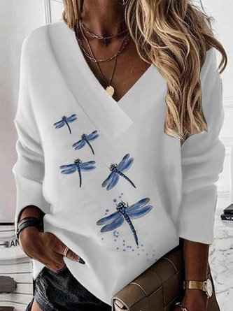 Casual Dragonfly Print V-Neck Long Sleeve Knit Sweatshirt