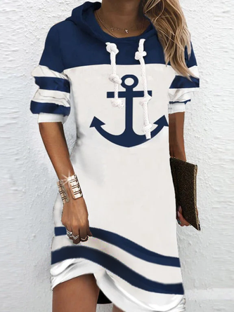 Women Geometric Striped Printed Casual Long Sleeve Hooded Dress