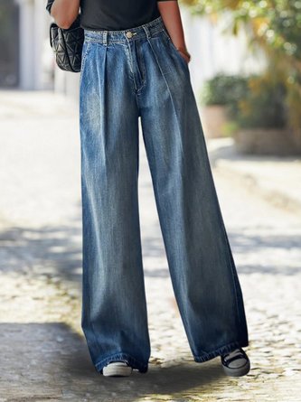 Women Plain Simple Autumn High Waist Straight pants Denim Long H-Line Regular Size Jeans