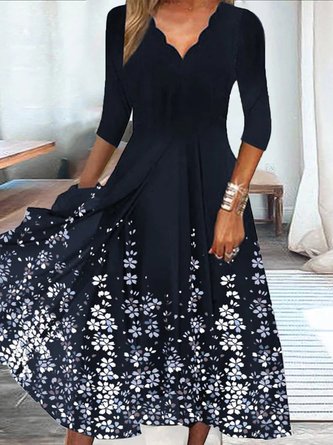 Floral Casual V Neck A-Line Three Quarter Sleeve Dress