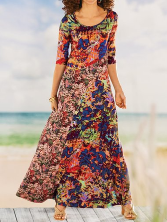 Casual Floral Autumn Daily Long Three Quarter Crew Neck Medium Elasticity Regular Size Dress for Women