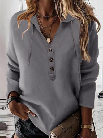 Plain Casual Hoodie Buttoned Sweatshirt