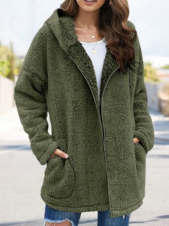 Plain Long Sleeve Hoodie Pockets Casual Plush Coat