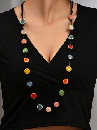 Vintage Ethnic Ceramic Gradient Flat Bead Long Necklace Sweater Chain Dress Necklace