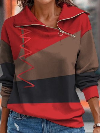 Casual Loose Color Block Asymmetrical Zipper Sweatshirts