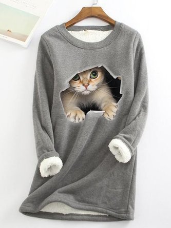 Women Casual Crew Neck 3D Cat Winter Warm Plush Lined Pullover Sweatshirt