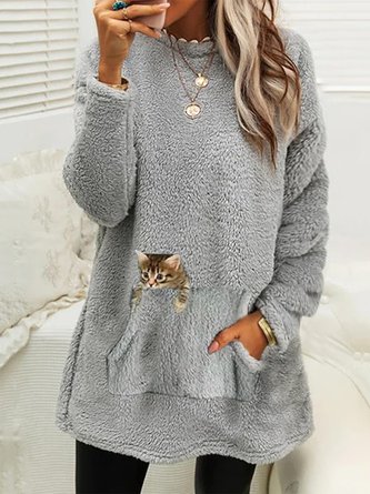 Plush Crew Neck Casual Cat Thermal Dress