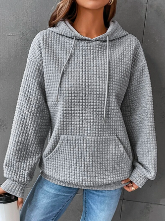Women Solid Basic Drawstring Drop Shoulder Kangaroo Pocket Hoodie