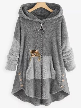 Women Color Block Cat Print Fleece Fluff/Granular Zipper Hoodie Coat With Button Pockets