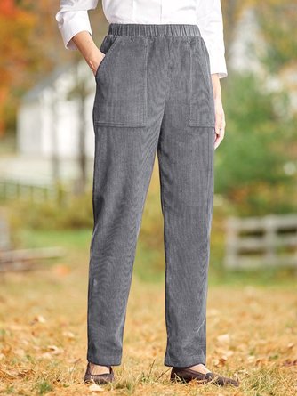 Women Autumn Winter Casual Plain Pockets Elastic Waist Corduroy Pants