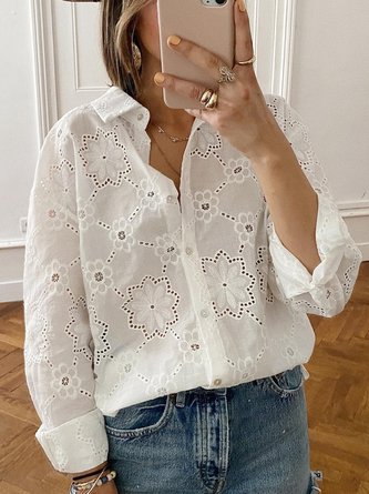 Cotton and Linen Embroidered Floral Button Resort Shirt