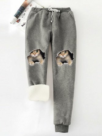 Women Funny Cat Winter Warm Fleece Joggers Pants Thermal Athletic Active Sweatpants