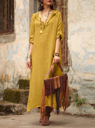 V Neck Cotton And Linen Vacation Loose Dress