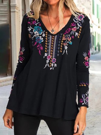 V Neck Casual Ethnic Loose T-Shirt
