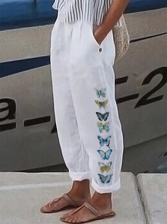 Women Casual Butterfly Loose Elastic Waist Pockets Linen Pants