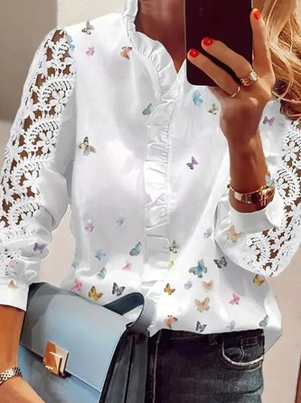 Casual Lace Long Sleeve Butterfly Print V Neck Blouse