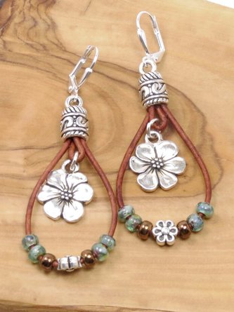 Ethnic Vintage Boho Floral Pattern Leather Earrings