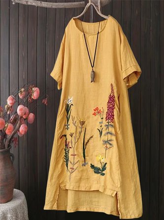 Floral Casual Embroidery  Crew Neck  Dress
