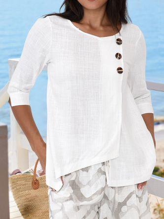 Women Three Quarter Sleeve Asymmetrical Irregular Hem Button Plain Summer Linen Tunic