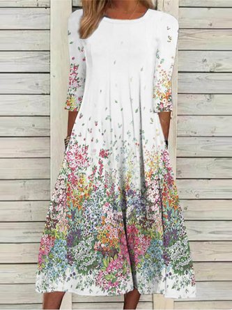 Spring Casual Crew Neck Floral Three Quarter Sleeve Midi Dress