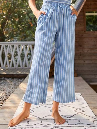 Blue & White Vertical Stripe Drawstring Pants