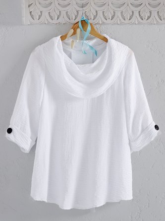 Women Casual Daily Cowl Neckline Half sleeve Plain Linen Tunic Top with Buttons